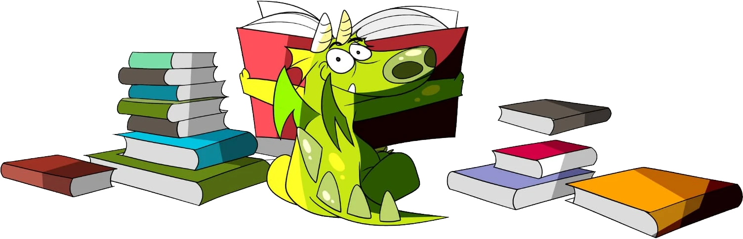Ilustración de un dragón sujetando libro abierto y al rededor del dragón libros apilados